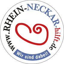Logo. Text: www.Rhein-Neckar-hilft.de wir sind dabei! Grafik: Ein roter Kringel stilisiert ein Herz.